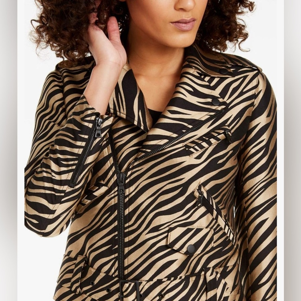 Anne Klein Black and Tan Zebra-Print Leather Moto Jacket
